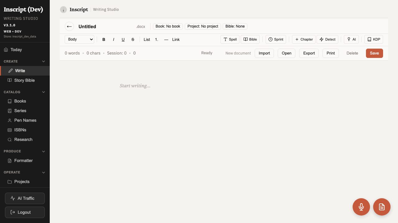 Inscript Studio writing editor with chapter sidebar and manuscript view