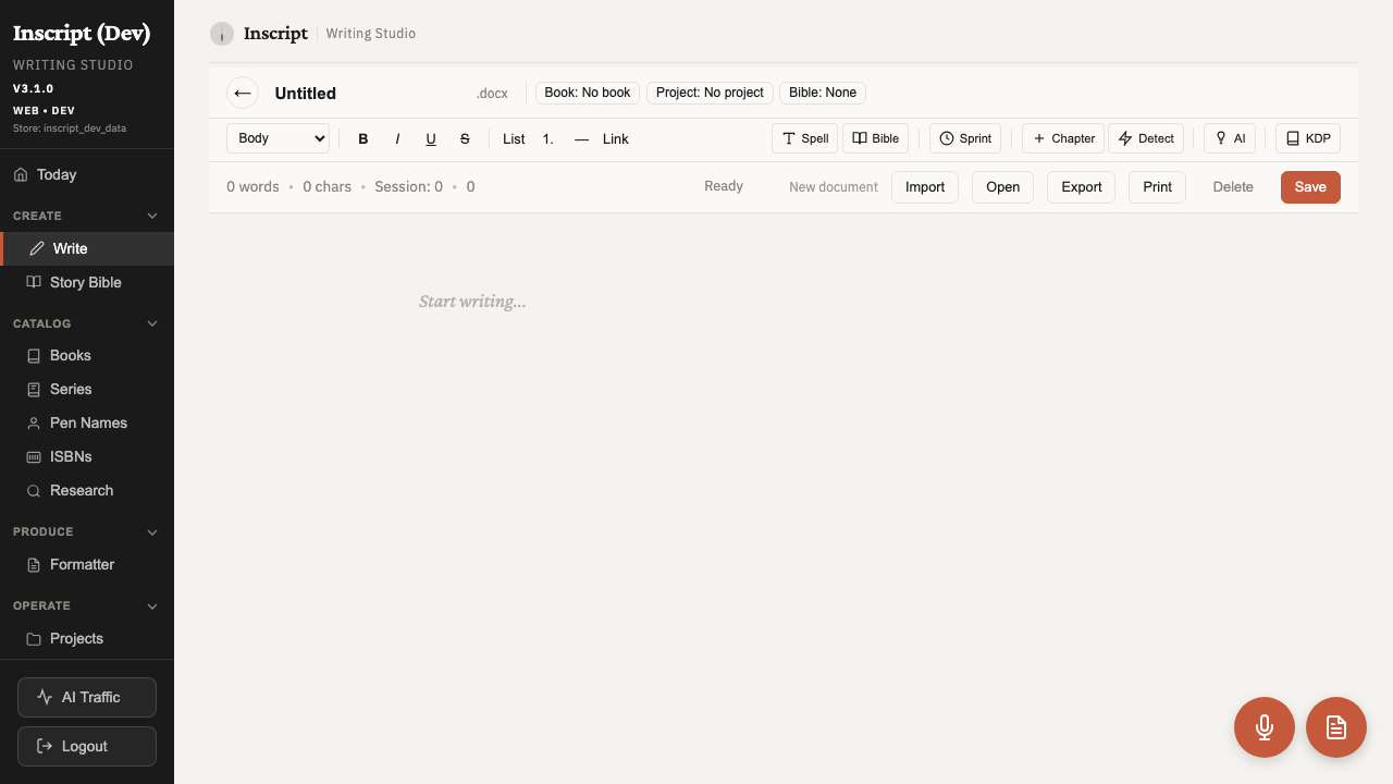 Inscript Studio formatting and manuscript preparation workspace