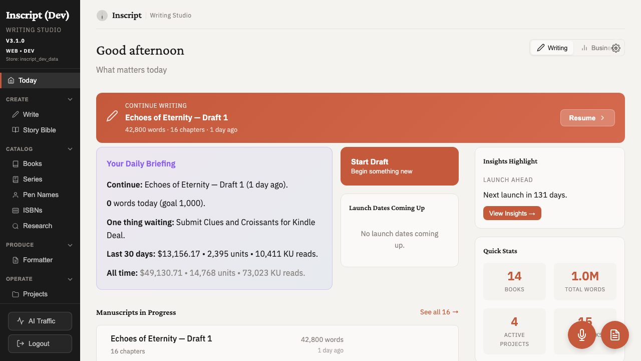 Inscript Studio financial dashboard with KDP import, revenue breakdown, and P&L