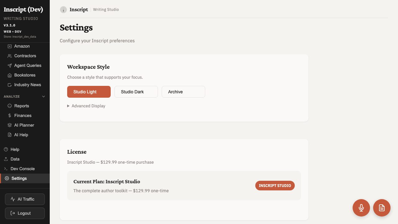 Inscript Studio launch planning with checklists, tasks, and calendar